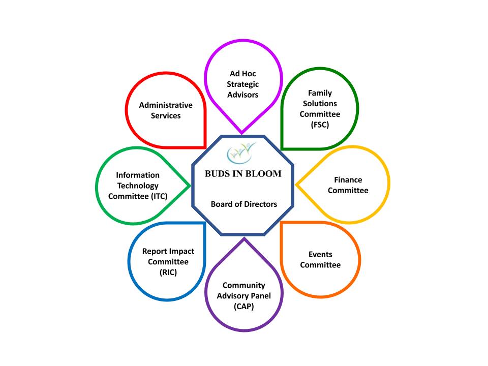 Buds in Bloom Committee Structure showing the petal chart of specialized committees